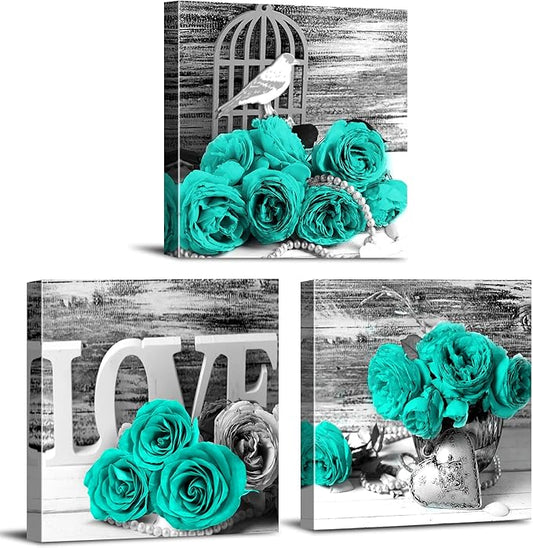 Teal Roses Floral Wall Art for Bathroom Home Decor Framed Canvas Prints Black&White Blue Rose Flowers Paintings Warm Family Pictures Posters Modern Artwork Homes Decorations Set of 3 Pieces 24x24