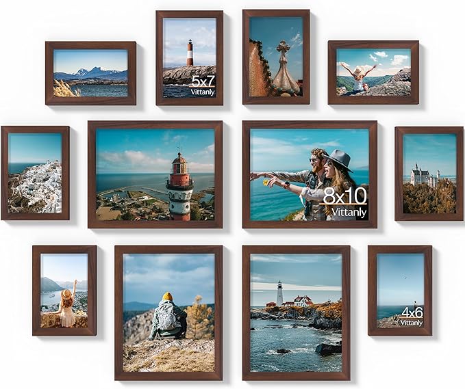 Vittanly 12 Pack Picture Frames Collage Wall Decor for Mounting or Tabletop Display, Gallery Wall Frame Set for Family, Multi Sizes Including 8x10, 5x7, 4x6, Light Brown