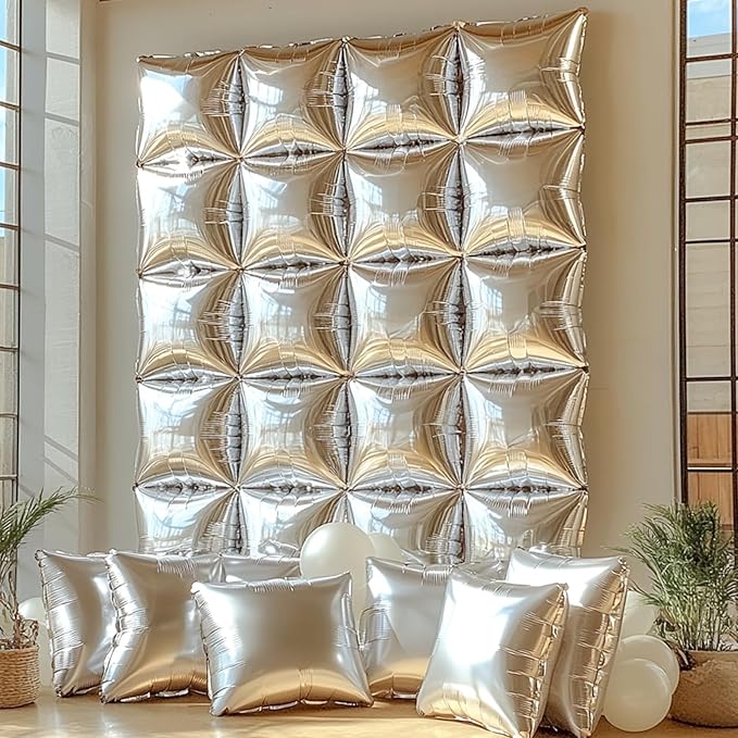 NISOCY 48PCS Metallic Silver Square Foil Balloons Wall Backdrop Chrome Silver Balloons Tunnel Garland Arch Kit for New Year Anniversary Bachelorette Birthday Engagement Bridal Shower Party Decorations