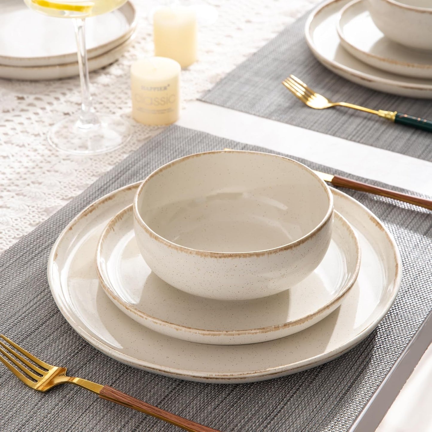 AmorArc Ceramic Dinnerware Sets, Wavy Rim Stoneware Plates and Bowls Sets, Highly Chip and Crack Resistant | Dishwasher & Microwave Dishes set, Service for 4 (12pc)-Speckled Cappuccino White