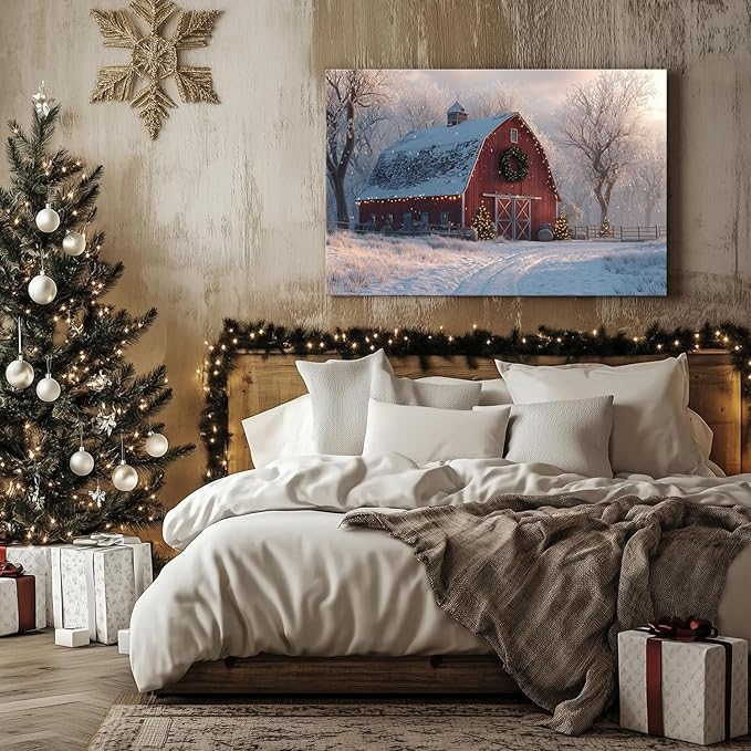 Nature Farmhouse Canvas Wall Art Red Barn Poster Christmas Tree Prints Picture Rustic Country Snow Pictures Wall Decor Winter Scenic Painting Artwork for Kitchen Dining Room Home Decorations 24x36"