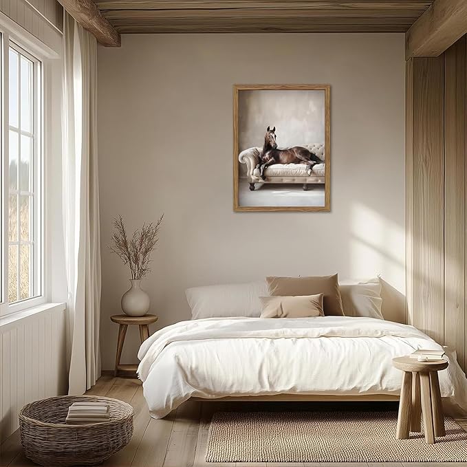 Framed Funny Horse Wall Art, Vintage Brown Horse Laying on Sofa Canvas, Modern Farmhouse Western Wall Decor, Grace Animal Pictures Prints for Living Room Bedroom Office Dorm 12x16 inch