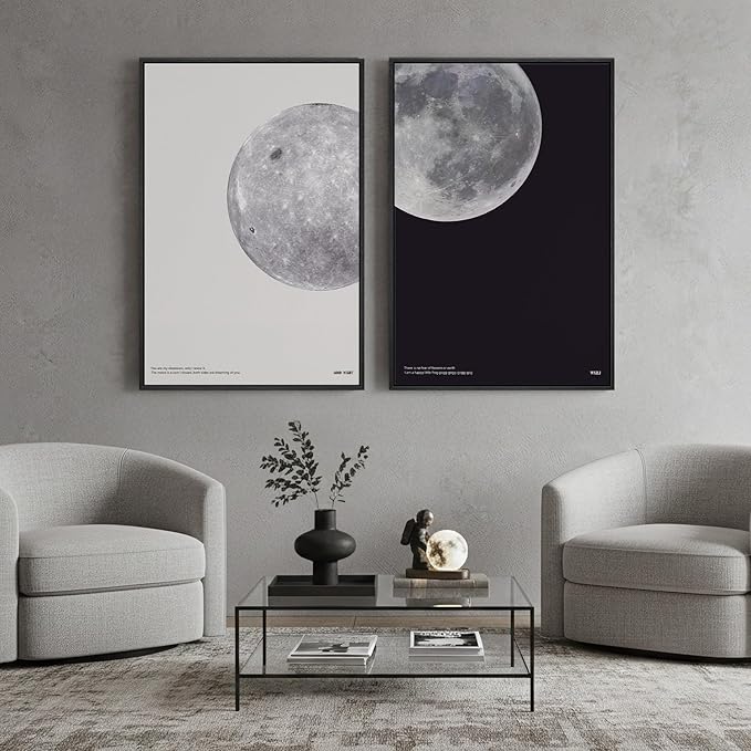 Large Framed Black and White Moon Wall Art, 2 Piece the Moon Canvas Art Prints, Minimalist Lunar Pictures for Living Room Bedroom Dining Room Hallway Home Office Wall Decor 24x36 In