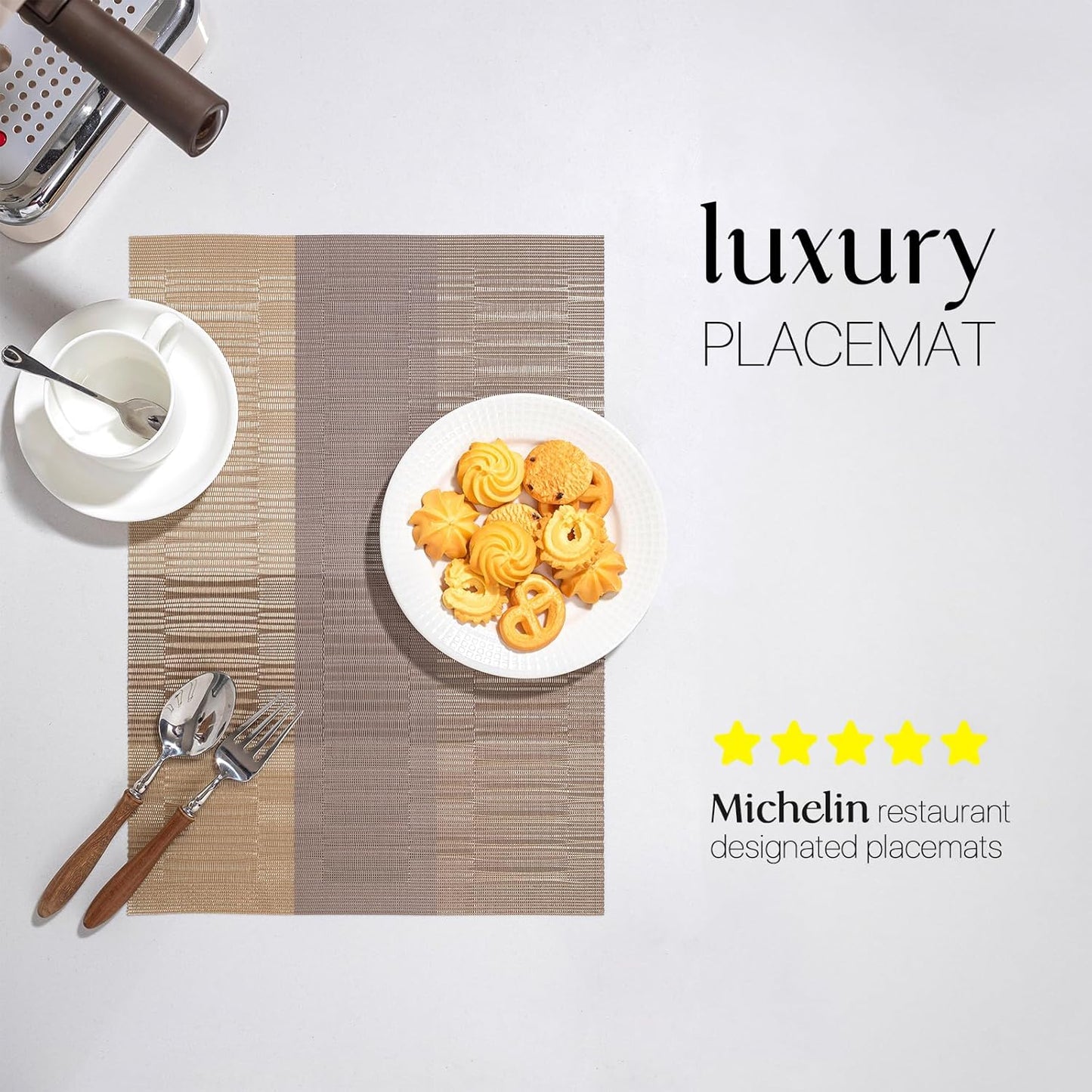 LEXMORE Placemats Set of 8 Vinyl/Plastic Woven Place Mats for Kitchen Table Indoor/Outdoor Washable Placemat Wipeable Dining Table Mats(Gold Dune)