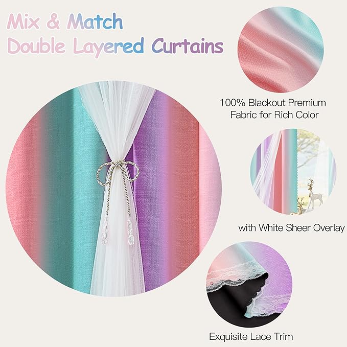 XiDi Double Layer Curtains for Nursery Girls Bedroom 84 Inches Long Full Blackout for Kids Princess Room Colorful Rainbow Design Unicorn Wall Decor Ombre Pink Purple Green Curtains W34 X L84 2 Panels