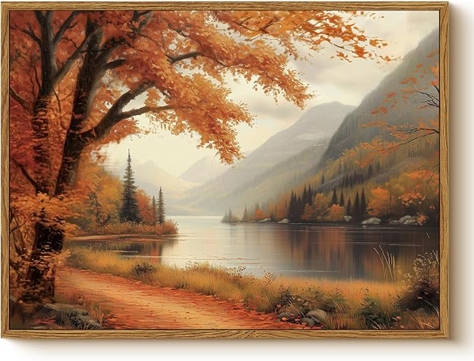 WHASAYART Vintage Fall Tranquil Nature Forest Landscape Wall Art 12x16, Framed Autumn Mountain Path Lake Scenic Canvas Painting Print, Rustic Artwork Farmhouse Bathroom Bedroom Entryway Décor