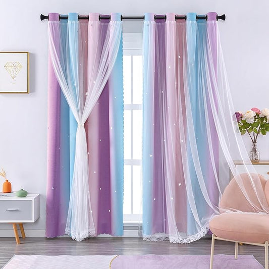 XiDi Curtains for Bedroom Decor, Rainbow Pink Purple/62/63