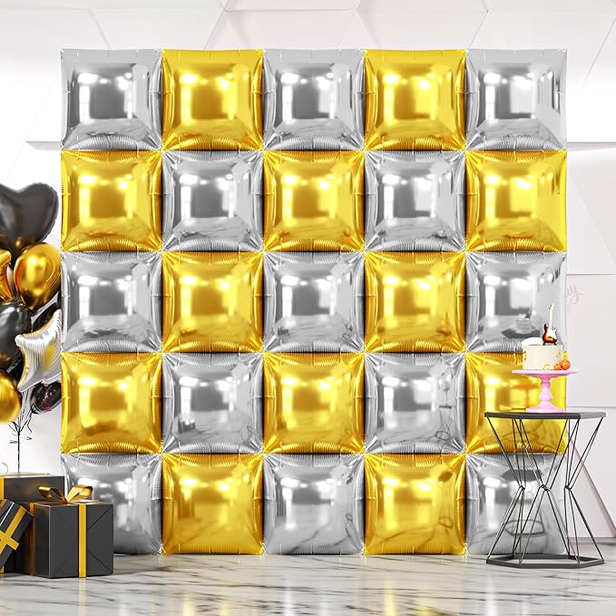 NISOCY 25PCS Metallic Silver Gold Square Foil Balloons Wall Backdrop Double Sided Chrome Gold Silver Balloons Arch Kit for Christmas New Year Anniversary Birthday Engagement Bridal Party Decorations