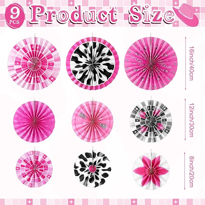 Outus 9 Pcs Disco Cowgirl Party Decorations Paper Fans Western Cowgirl Birthday Decorations Pink Disco Cow Girl Boot Hat Hanging Ceiling Decor for Last Rodeo Cow Girls Bachelorette Party Supplies
