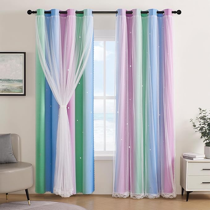 XiDi Curtains for Bedroom Decor, Rainbow Green PurpleBlue52/96/1
