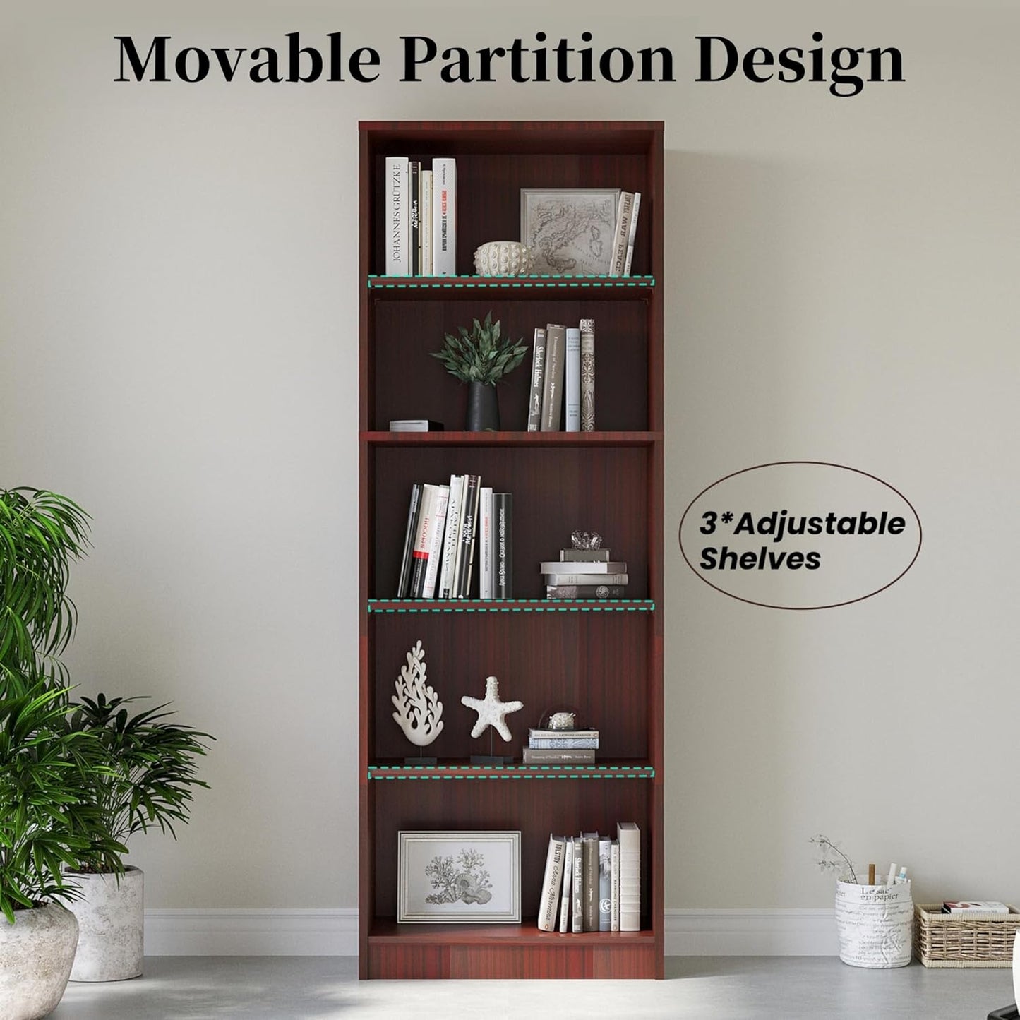 Bookshelf, Open Modern Bookshelf, 5 Shelf Bookcase with Freestanding Display Storage, Wooden Book Shelf for Bedroom, Living Room, Dinning Room, Office,Brown