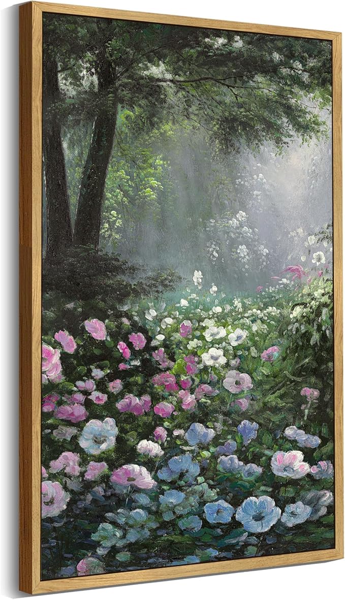 SHENIFY Vintage Floral Framed Wall Art Garden in Flower Scenery Farmhouse Decor Retro Flower Sea Field Painting for Bedroom Living Room Ready to Hang Wall Artwork - 8x16in Natural Framed