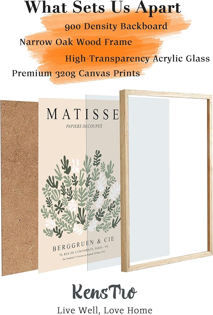 KensTro 12x16 Set of 3 Natural Oak Wood Picture Frame with 3 Matisse Prints,12x16 Minimalist Natural Solid Wooden Picture Frames for 12"x16" Posters,Wall Art,Photos,Prints,Paintings