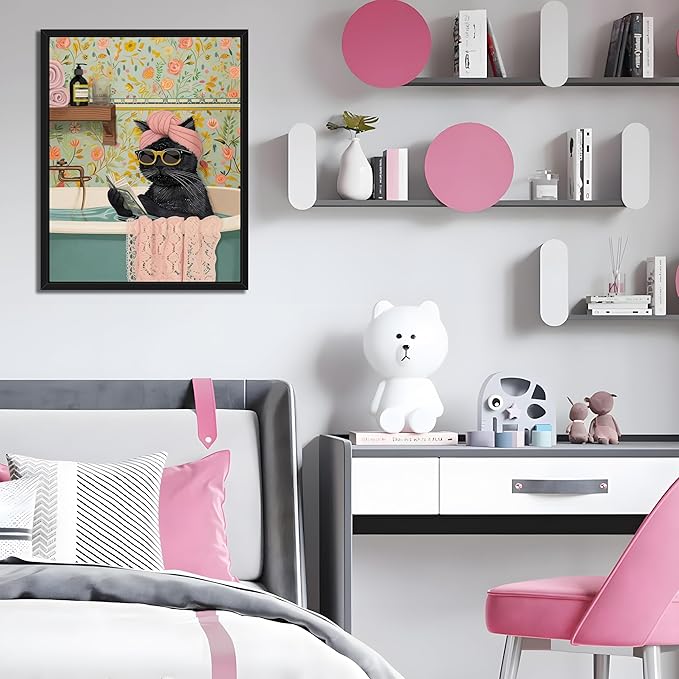 Floating Framed Bathroom Cat Canvas Wall Art, Funny Black Cat Reading Wall Decor, Cute Animal Prints Pictures Posters for Living Room Bedroom Toilet Kids Room Paintings 16x24 inch