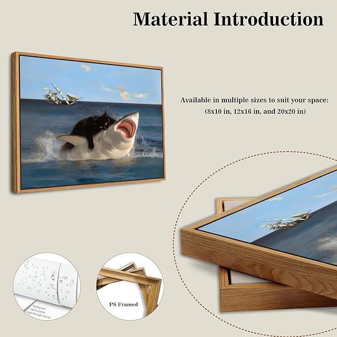 Floating Framed Black Cat Wall Art, Funny Quirky Cat and Shark Pictures Canvas Print, Abstract Black Cat Shark Posters Wall Decor for Room Bedroom Living Room Bathroom Aesthetic 8x10 inch