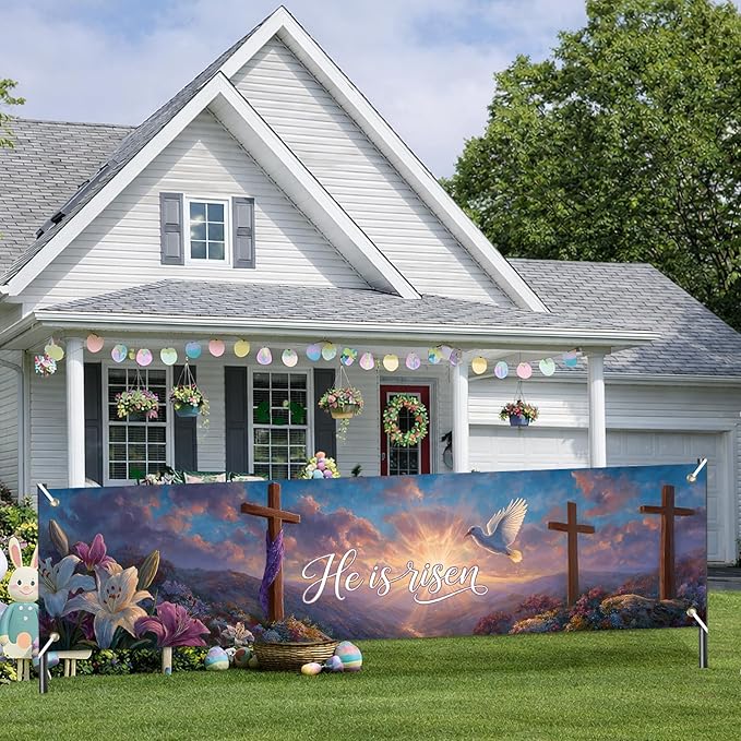 He Is Risen Easter Banner Christian Resurrection Spring Decor 78 x 17 Inch Religious Cross Scene Banner for Church Yard Fence Door Wall Indoor Outdoor Easter Faith Celebration Display