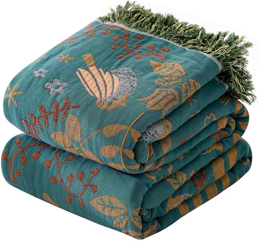 Boho Throw Blanket for Couch Sofa Bed, 100% Cotton Woven Quilt with Tassel 60”x80”, Super Soft Muslin Blanket with Bird Printed, Decorative Reversible Bed Blanket/Cover for All Seasons