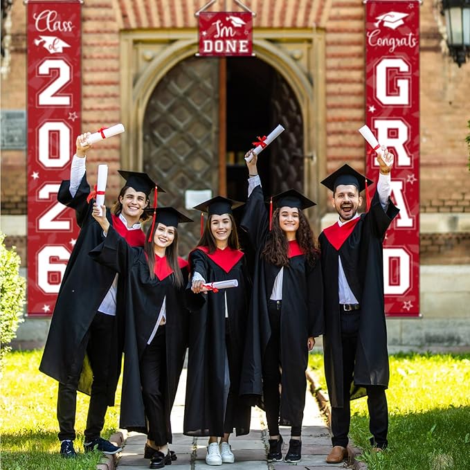 Moukeren 3 Pieces 2026 Graduation Party Decorations Graduation Porch Sign Class of 2026 Grad Hanging Porch Banner Backdrop Door Sign for Grad Party Home Door Wall Decor(Red)