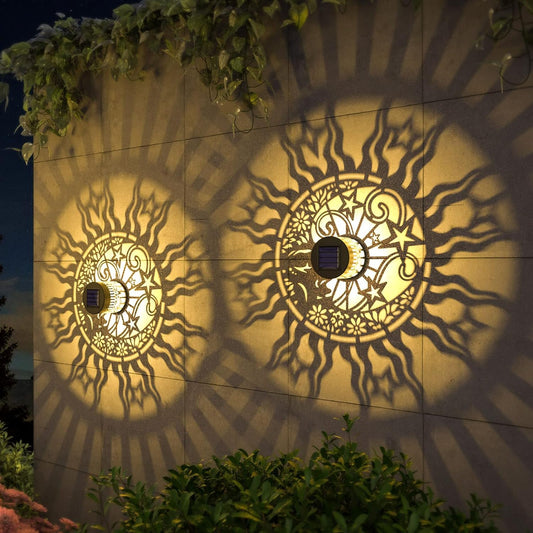 4 Pack Solar Fence Lights Metal Solar Powered Outdoor Wall Deck Lights Sun Moon Theme Waterproof Fence Light for Garden Post Patio Backyard Yard Decor (Face, 4 Pack)
