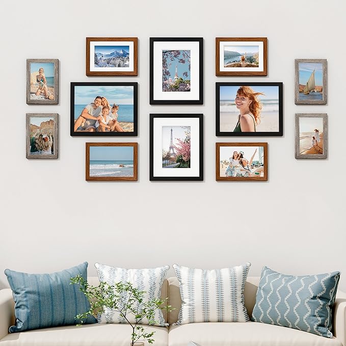 Vittanly 12 Pack Picture Frames Collage Wall Decor for Mounting or Tabletop, Gallery Wall Frame Set for Family, Multi Sizes Including 8x10, 5x7, 4x6, Black & Walnut Brown & Dark Grey