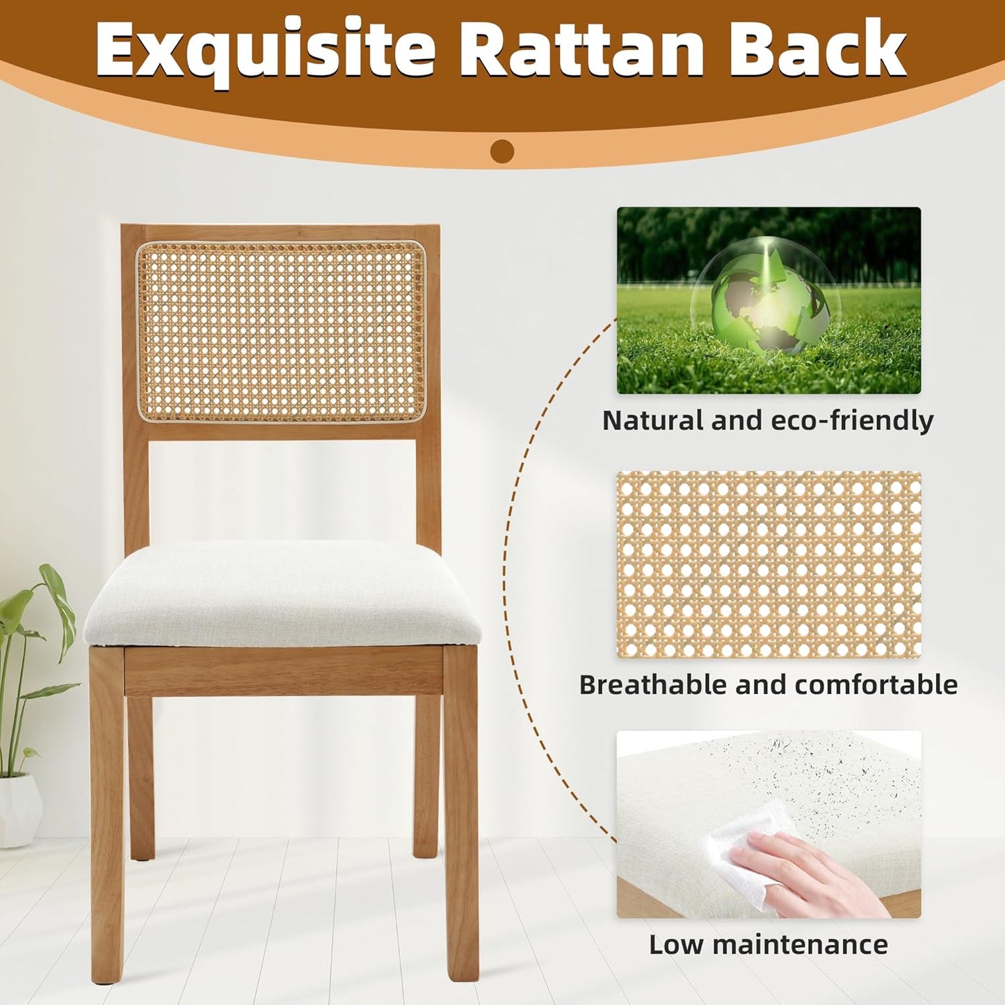 Westice Rattan Dining Chairs Set of 2, Farmhouse Natural Dining Room Chairs with Upholstered Cushion, Wood Armless Chairs for Kitchen/Restaurant