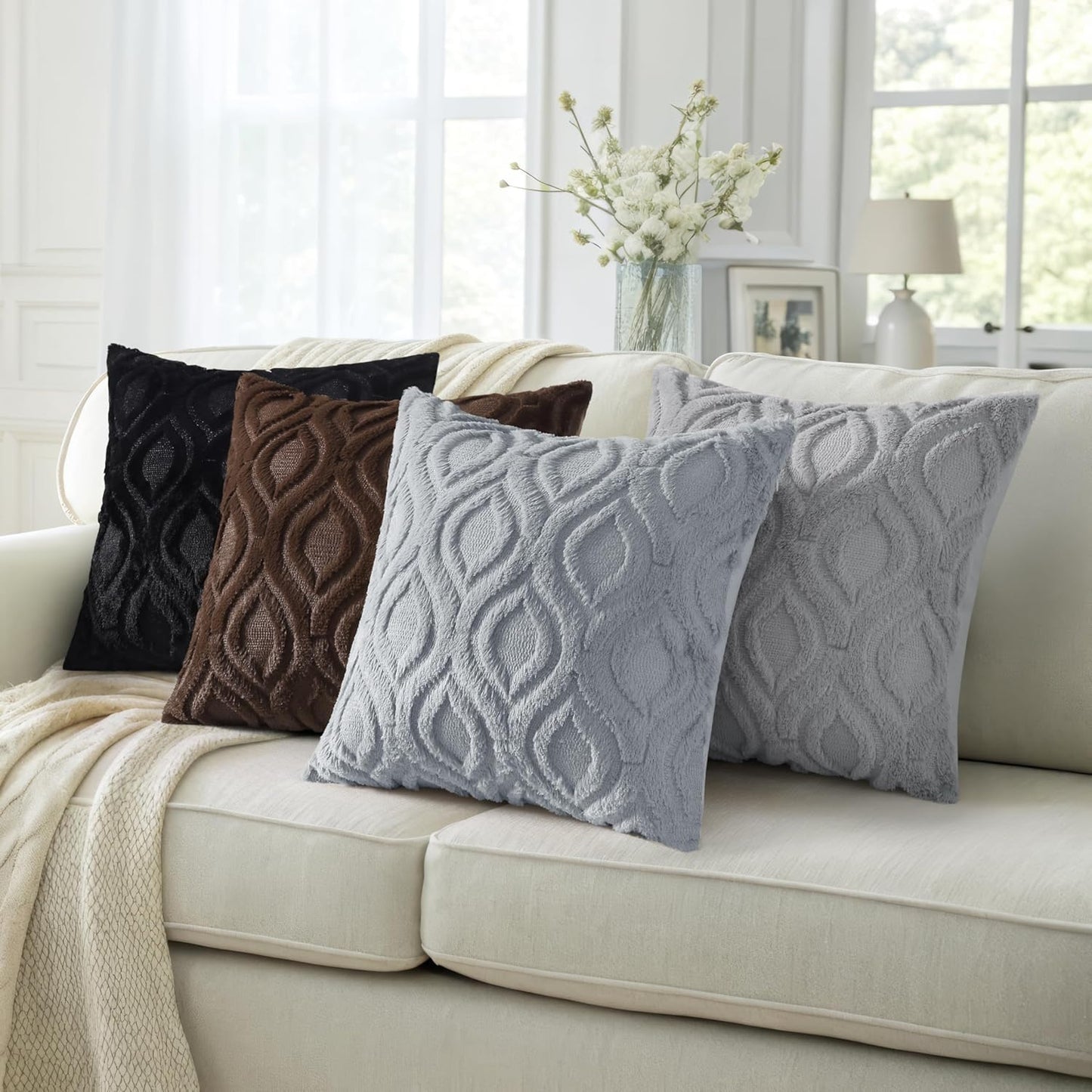 decorUhome Fall Throw Pillow Covers 24x24 Inch Set of 2, Soft Plush Decorative Faux Fur Blue Grey Solid Couch Pillow Covers, Accent Farmhouse Neutral Square Euro Pillow Cases for Sofa Bed Living Room