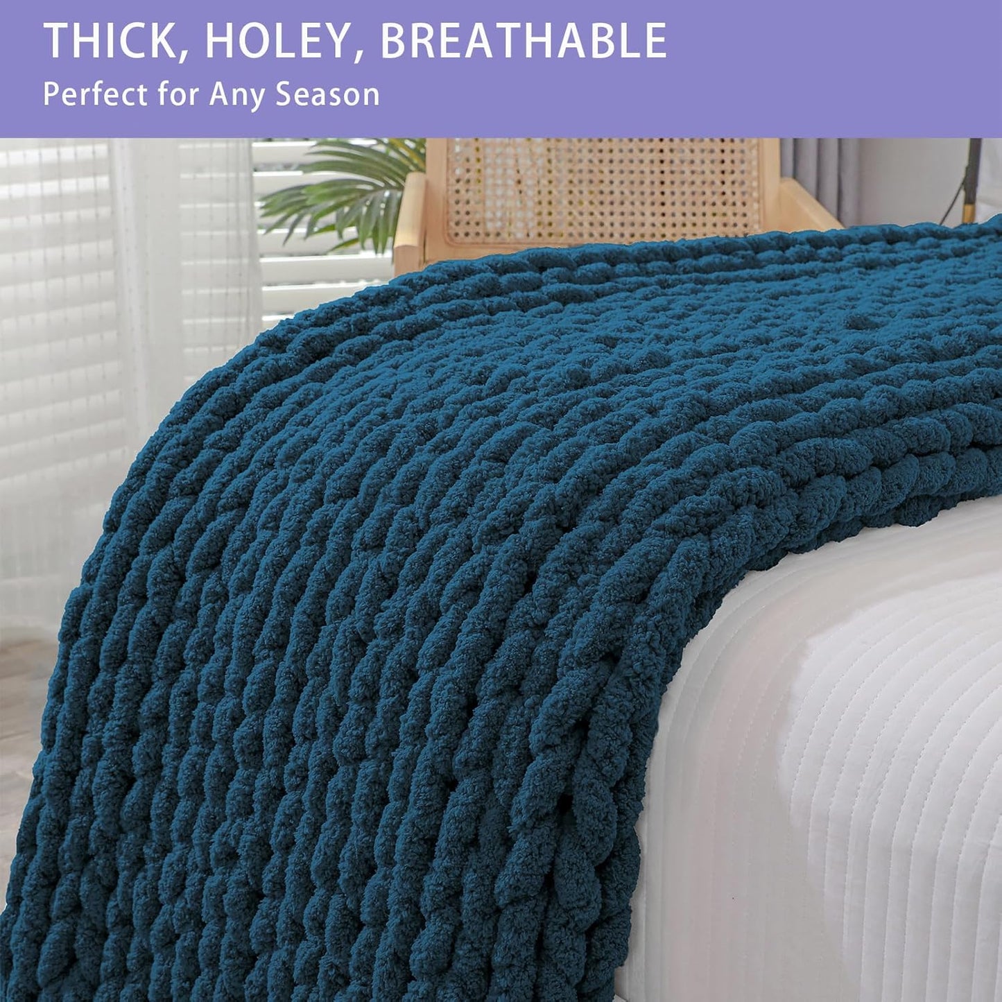 Bigacogo Chunky Knit Throw Blanket for Couch, 40x40 inches, 100% Hand Knitted with Thick Jumbo Chenille Yarn, Cozy Soft Large Rope Knot Cable Crochet Blankets for Sofa Bed Living Room, Deep Sea Blue