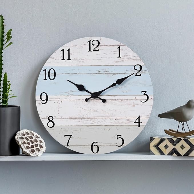 Wall Clock 10 Inch Silent Non-Ticking Coastal Beach Style Wall Clocks Battery Operated Rustic Retro Decorative for Kitchen, Bathroom, Living Room, Laundry Room(Azure Blue)