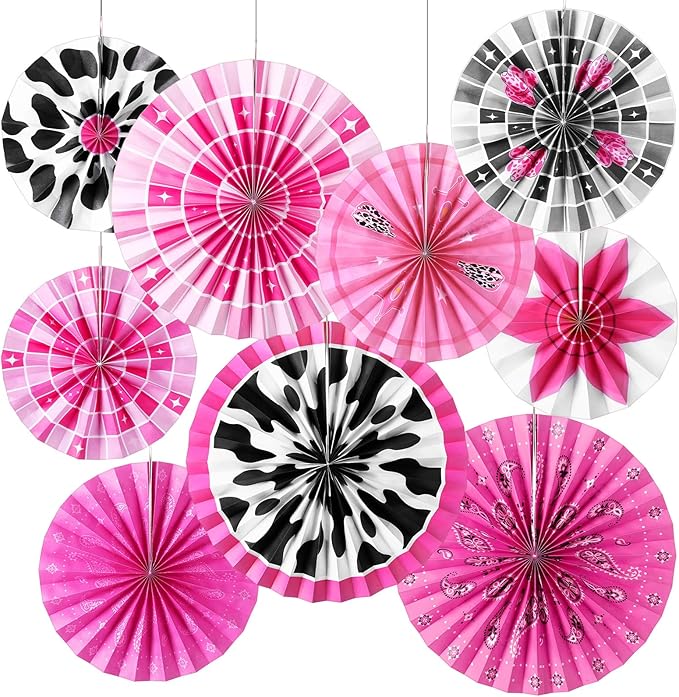 Outus 9 Pcs Disco Cowgirl Party Decorations Paper Fans Western Cowgirl Birthday Decorations Pink Disco Cow Girl Boot Hat Hanging Ceiling Decor for Last Rodeo Cow Girls Bachelorette Party Supplies