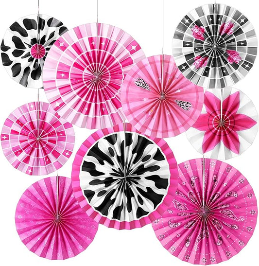 Outus 9 Pcs Disco Cowgirl Party Decorations Paper Fans Western Cowgirl Birthday Decorations Pink Disco Cow Girl Boot Hat Hanging Ceiling Decor for Last Rodeo Cow Girls Bachelorette Party Supplies