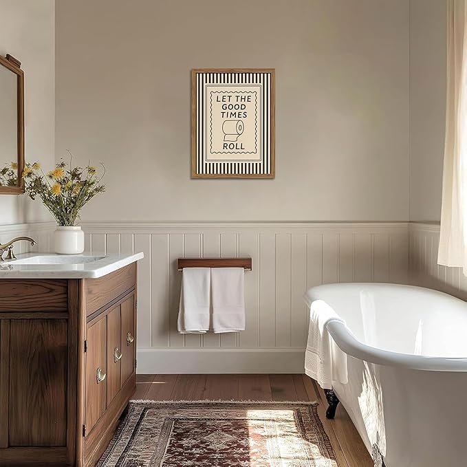 Framed Let The Good Times Roll Bathroom Print, Vintage Funny Toilet Quote Canvas Wall Art, Stripes Bathroom Picture Poster, Downstairs Toilet Painting Wall Decor 16x24 inch