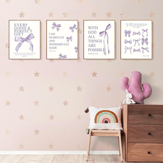LARTSFRO Coquette Purple Bow Christian Wall Art Decor Posters, Purple Bow Room Bedroom Bathroom Dorm Wall Art Decor Aesthetic for College Teen Girls Gifts, Inspirational Bible Verses Bow Wall Decor, 10x8 Inch Set of 4 Pcs Bow Pictures (UNFRAMED)