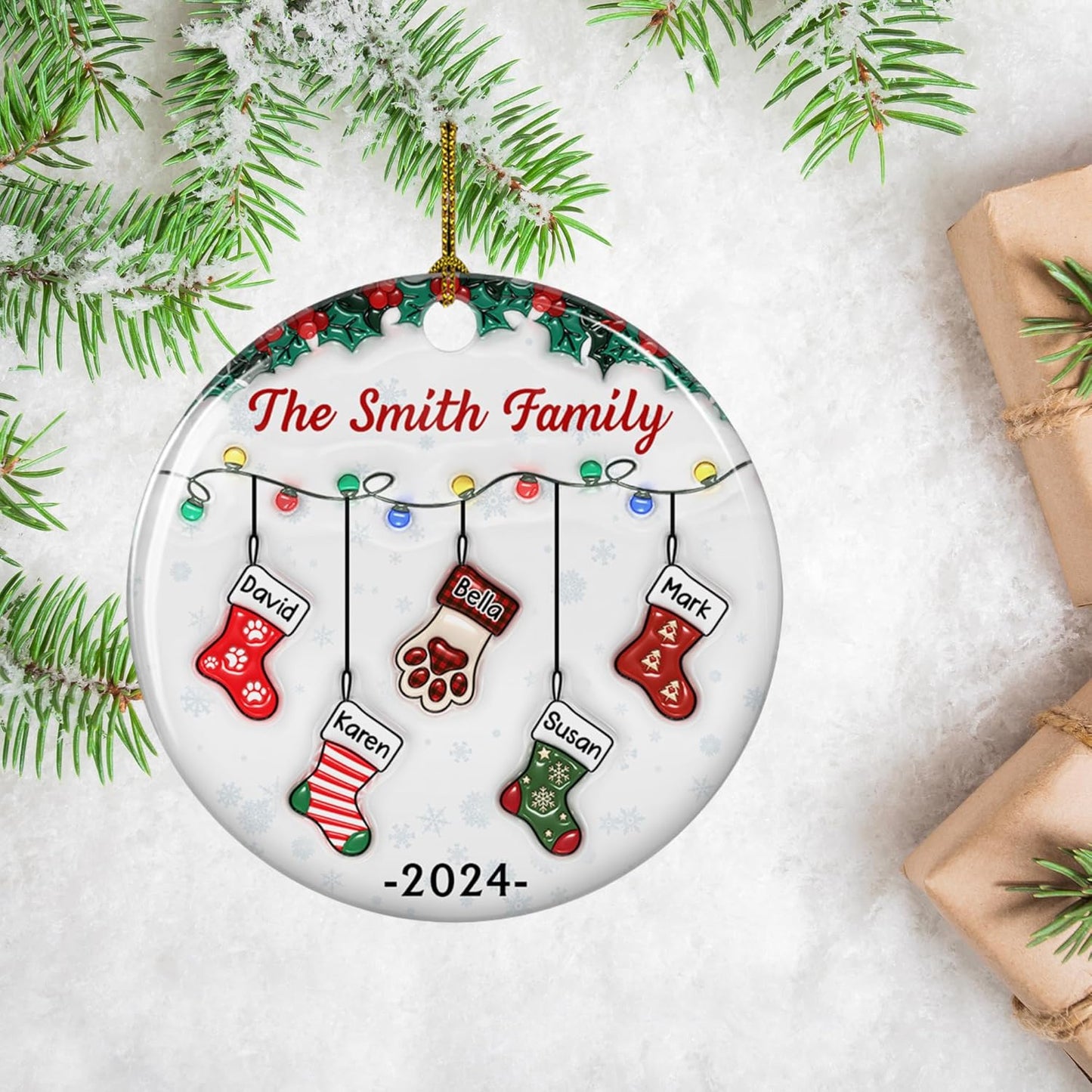 Stocking Personalized Family Christmas Ceramic Ornament 2025-3D Inflated Effect Custom Name Hanging Stock up to 10 Members, First Xmas as A Family Ornament Gifts (A04, 5 Names)