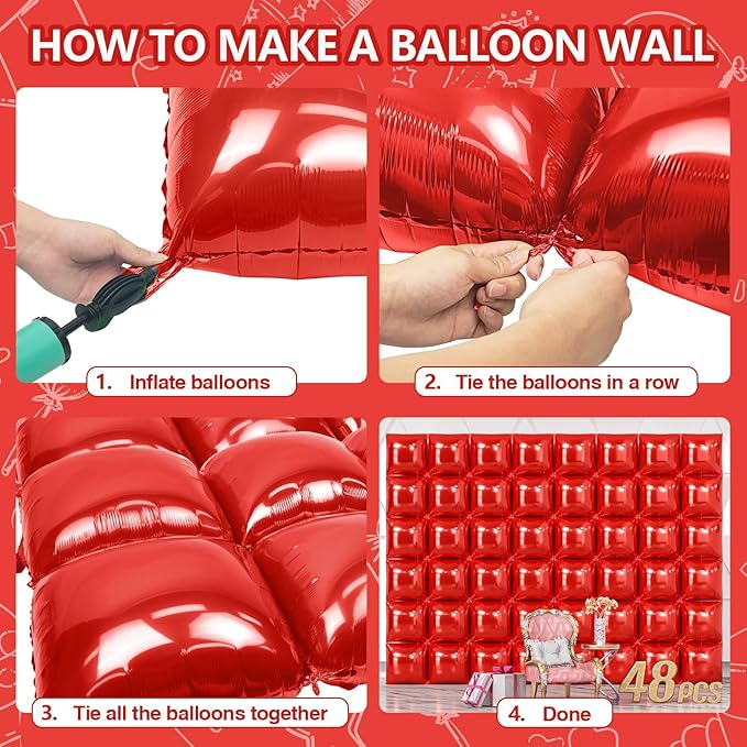 NISOCY 48PCS Red Square Foil Balloons Wall Backdrop Metallic Double Sided Red Christmas Balloon Tunnel Arch Kit for Birthday Baby Shower Valentine‘s Day Party Decoration