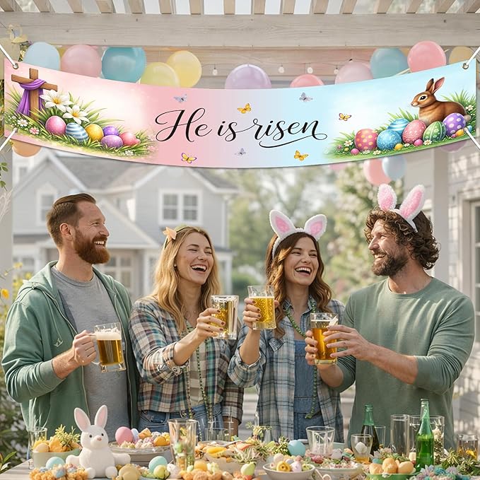 Easter Banner He Is Risen Easter Decorations Resurrection Cross Spring Christian Faith Decor 118×20 inch Religious Easter Banner for Yard Fence Wall Door Porch Indoor Outdoor Church Display
