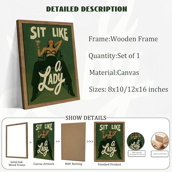 Framed Feminist Wall Art, Vintage Sit Like a Lady Green Wall Decor, Bold Girl Power Feminine Poster Print, Retro Empowering Female Canvas Painting Aesthetic for Bedroom Dorm 12x16 inch