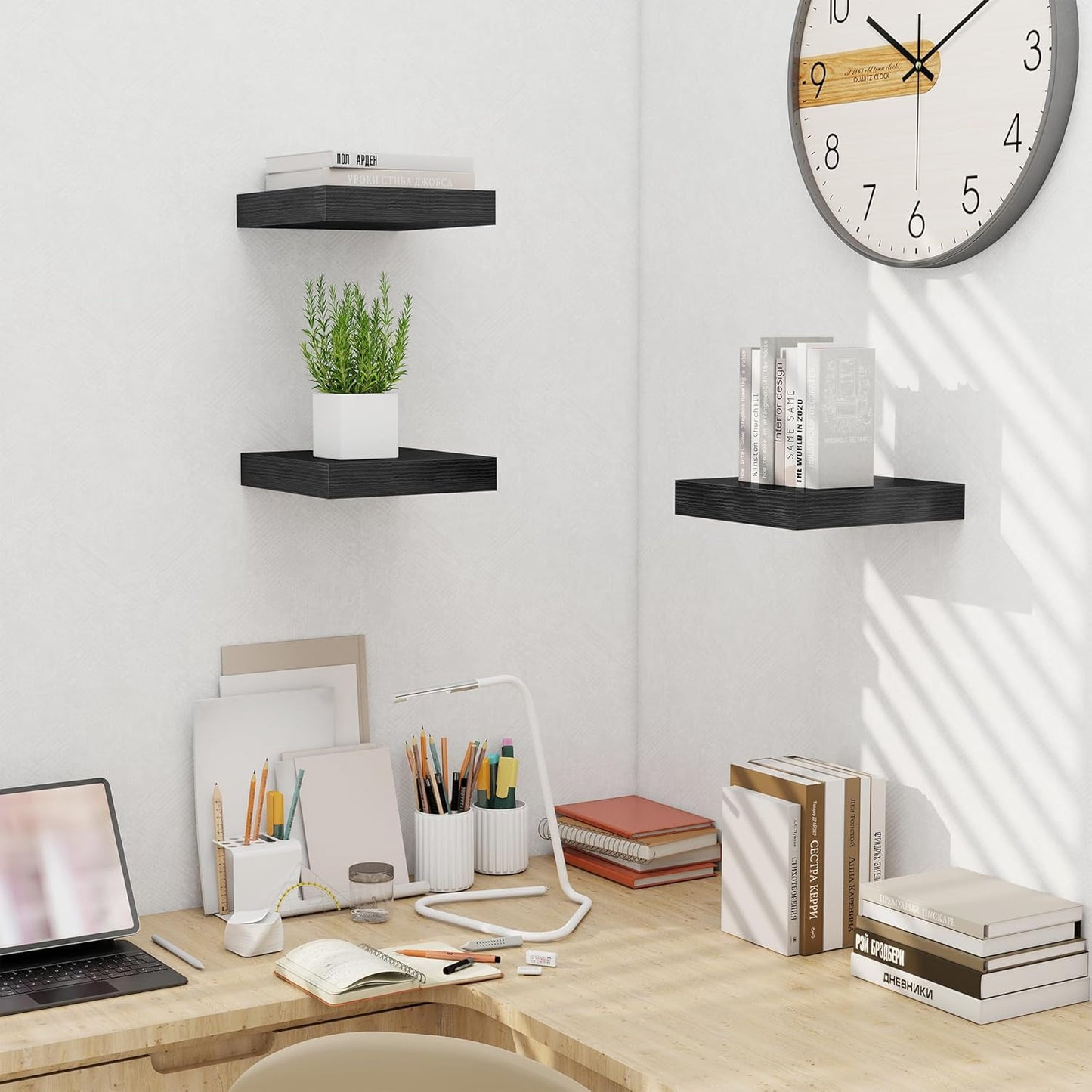 Fun Memories Floating Shelves for Wall 10 Inch, 10 Inch Deep Square Wall Shelves, Bathroom Storage Shelves Over Toilet, Wood Floating Shelves for Living Room Bedroom, Black, Set of 2