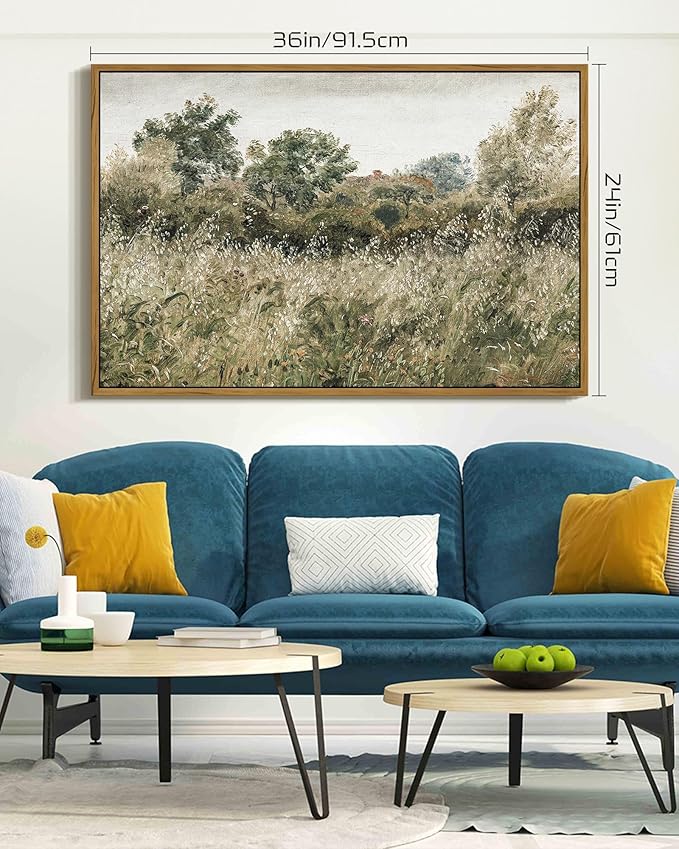 SHENIFY Vintage Landscape Framed Wall Art Meadow Scenery Farmhouse Decor Retro Painting for Living Room Bedroom Ready to Hang Wall Artwork - 24x36in Natural Framed