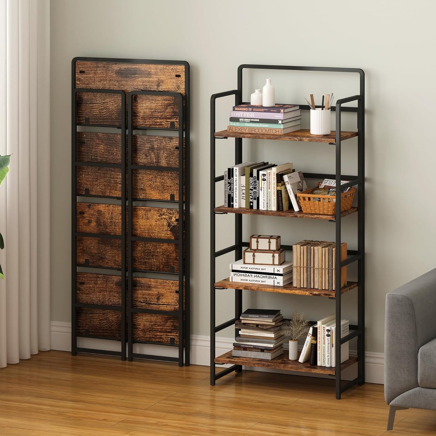 4NM No Assembly Foldable Bookshelf, 4-Shelf Collapsible Bookcase Storage for Small Spaces, 54" H, Rustic Brown and Black