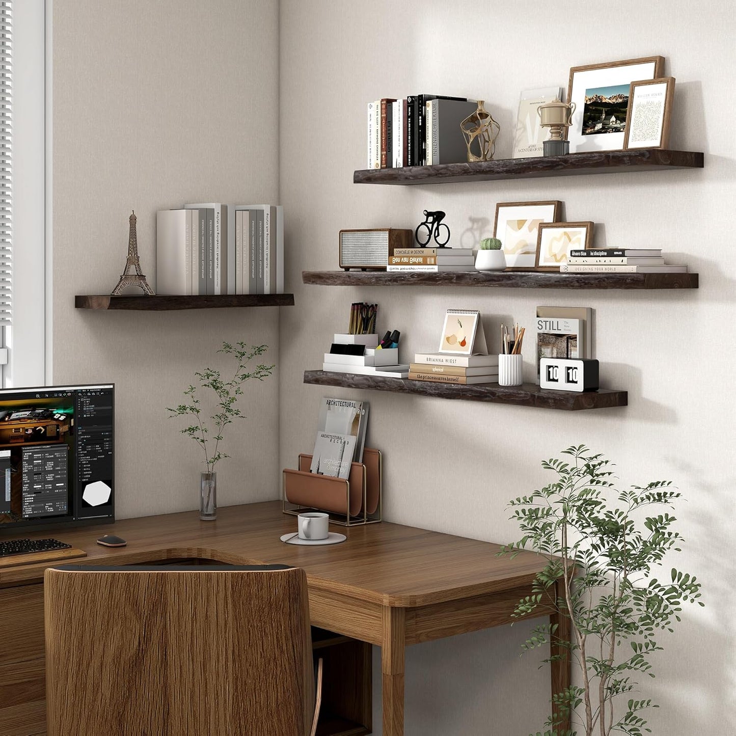 Axeman 24 inch Floating Shelves for Wall - 8'' D Live Edge Rustic Solid Elm Wood Floating Shelves Wall Mounted, Wall Shelves with Invisible Bracket for Living Room Bedroom Kitchen, Set of 2 Walnut