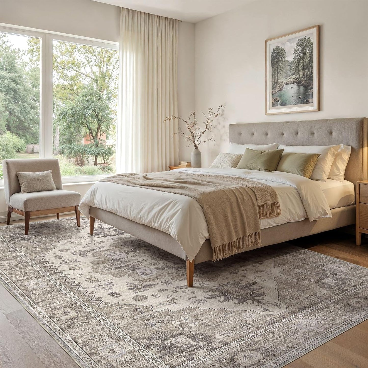 Washable Area Rugs for Living Room -10x13 Neutral Vintage Distressed Floral Farmhouse Boho Large Soft Floor Rug Indoor Non Slip Carpet for Living Room Bedroom Dining Room Office-Brown/Beige