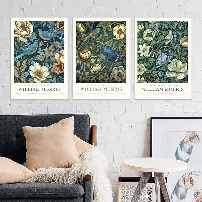 Djmwtb William Morris Canvas Wall Art Vintage Poster Prints Framed Set of 3 Botanical Bird Aesthetic Pictures Gallery Artwork Painting Wall Decor for Living Room Bedroom Office 16x24in