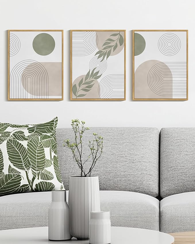 Drsoum Green Bohemian Wall Art Framed Boho Plant Sage Wall Decor Abstract Geometry Artwork Bedroom Home Office Living Room Prints Ready to Hang 11x14in Natural Framed