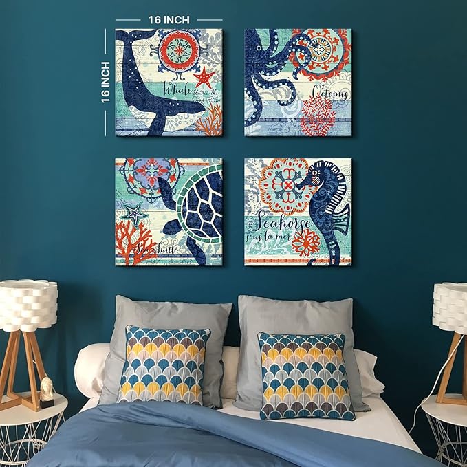 Nautical Wall Art Boho Bathroom Decor Navy Blue Beach Themed Sea Turtle Octopus Whale Canvas Pictures Coastal Artwork Vintage Nautical Ocean Animal Posters Nursery Kitchen Home Decoration 16x16" 4 Pcs