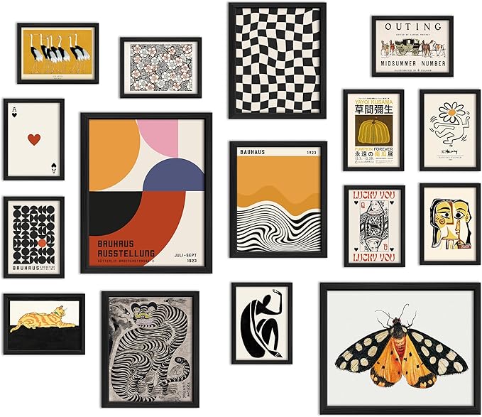ANERZA 16 PCS Eclectic Wall Art Decor, Modern Maximalist Wall Prints for Bedroom, Bauhaus Posters for Room Aesthetic, Retro Abstract Wall Collage Kit for Living Room, Funky Dorm Gallery Home Decor