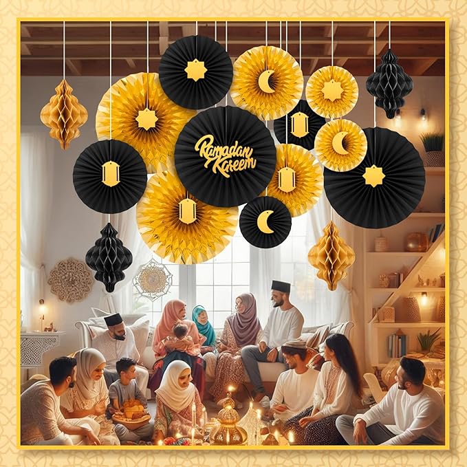 Epakh 29 Pcs Ramadan Decorations for Home Ramadan Hanging Paper Lantern Eid Wall Ceiling Decoration Honeycomb Paper Fan Eid Mubarak Home Decoration Birthday Wedding Party Supply(Black & Gold)