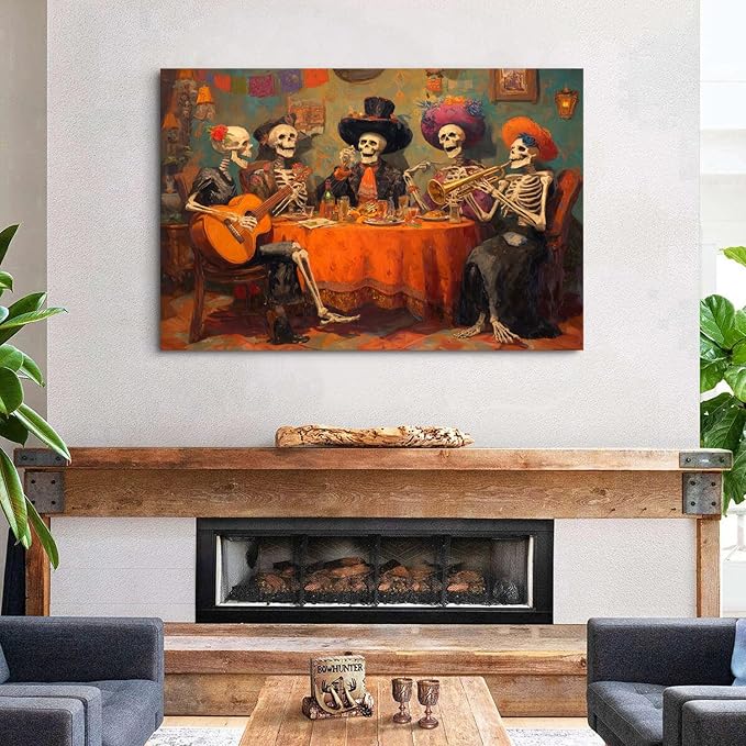 Funny Skull Canvas Wall Art Halloween Wall Decor Skeletons Party Painting Posters Watercolor Gothic Skulls Prints Pictures Halloween Artwork for Living Dining Room Kitchen Home Decorations 34x48"