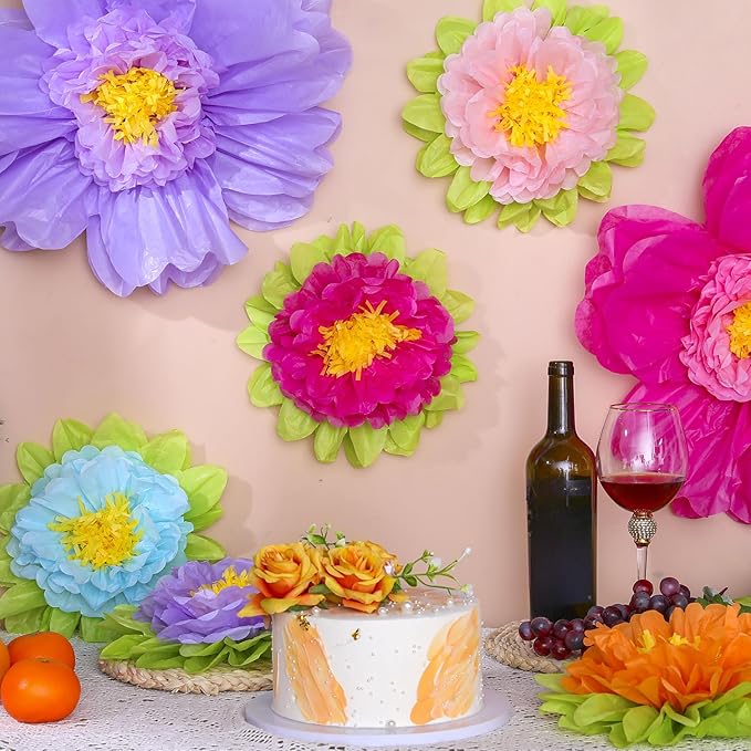 TaoBary Large Colorful Tissue Paper Flowers Giant Fiesta Paper Pom Poms Mexican Birthday Decorations for Wall Wedding Backdrop Centerpiece Party Supplies(20" and 10",Rainbow Color,24 Pcs)