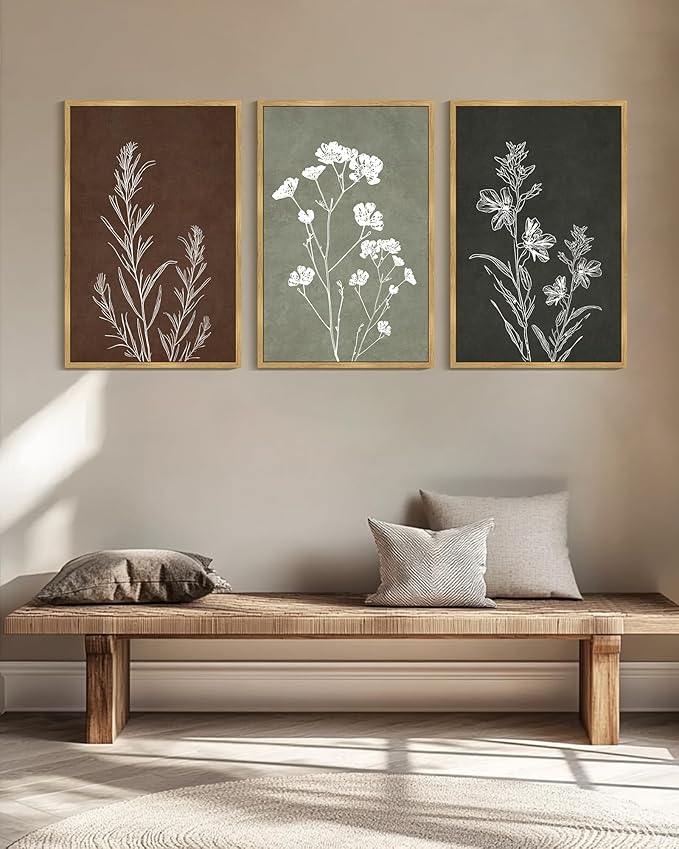 Drsoum Vintage Boho Flower Wall Art Framed Retro Botanical Floral Wall Prints Wildflower Neutral Rustic Bohemain Artwork Kitchen Bedroom Ready to Hang 24x36in Natural Framed