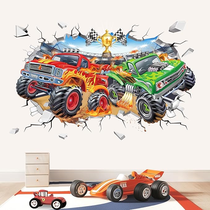wondever Large 3D Racing Car Wall Stickers Vehicles Truck Break Through Peel and Stick Wall Art Decals for Boys Room Kids Bedroom Playroom